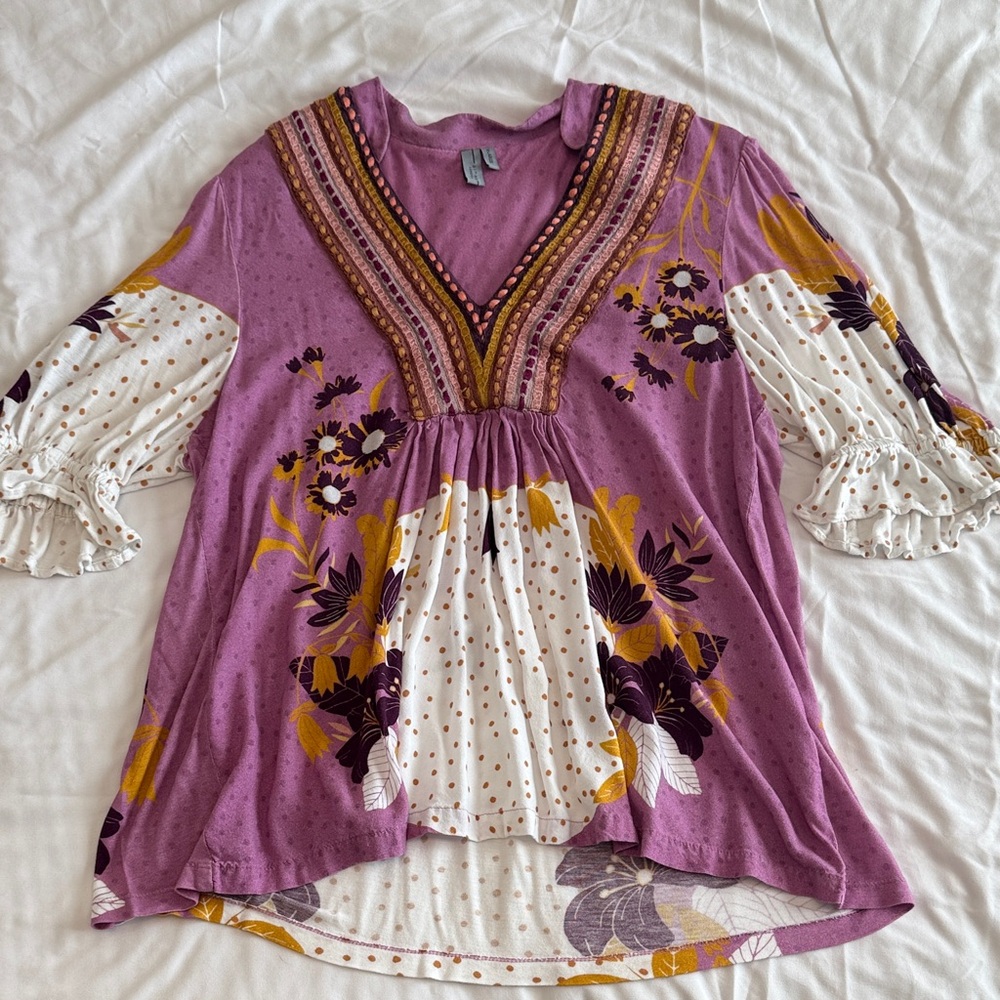 Lavender Floral Boho Tunic with Cream Contrast Panels